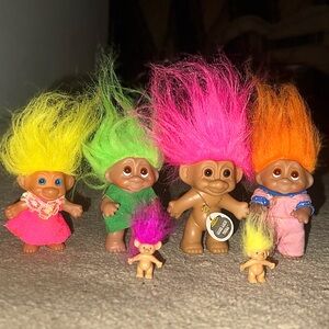 Vintage Troll Dolls Set of 6 Mixed Sizes Bright Hair Colors 1990s Russ Style